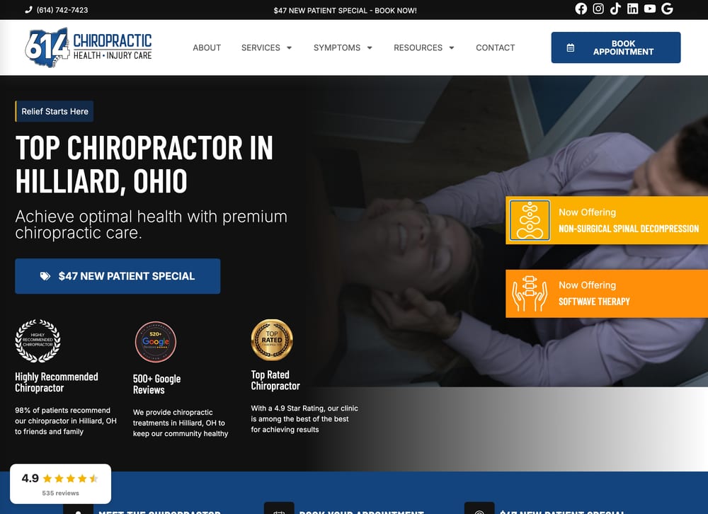 614 Chiropractic homepage with a dark hero, the headline Top Chiropractor in Hilliard, Ohio, a $47 New Patient Special button, three trust badges and two Now Offering tabs