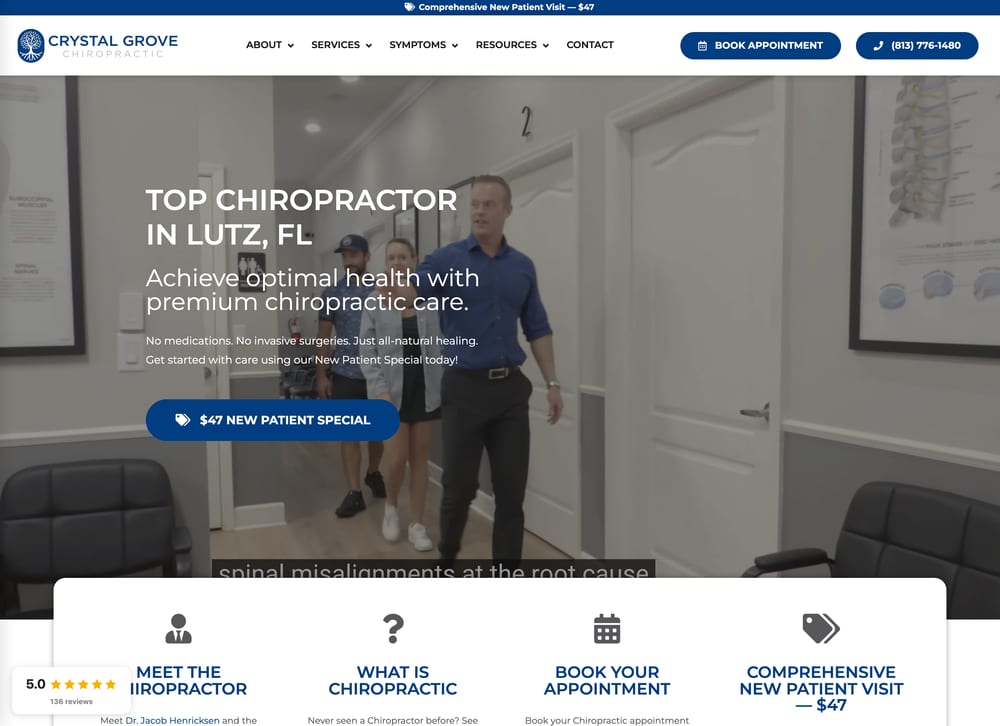 Crystal Grove Chiropractic homepage with the headline Top Chiropractor in Lutz, FL over a video filmed inside the office, and a $47 New Patient Special button