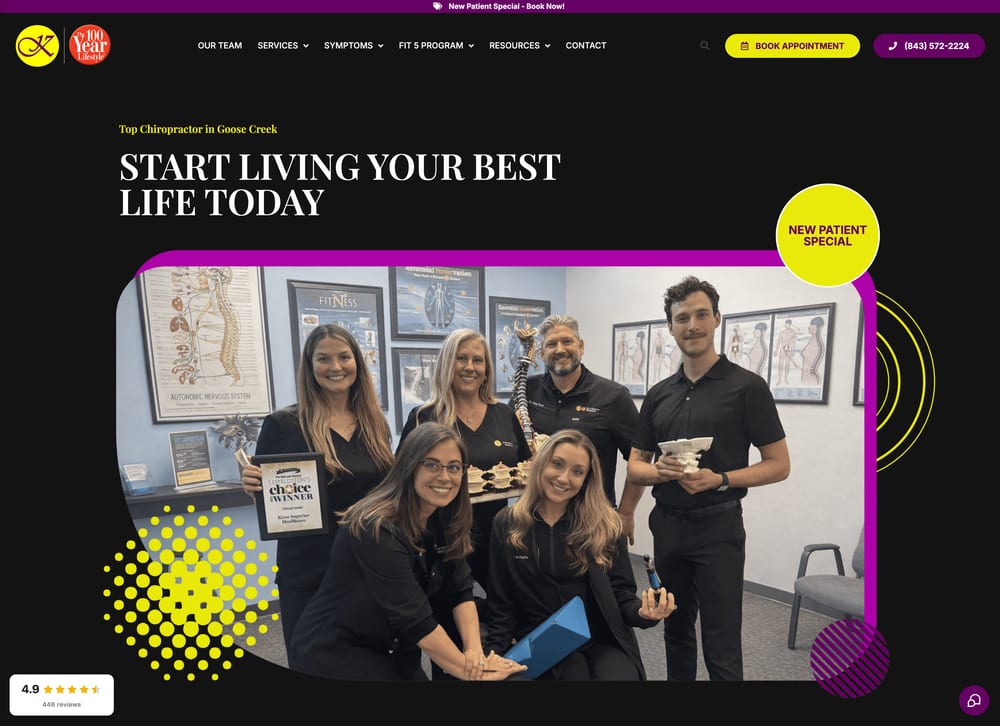 Kirar Superior Healthcare homepage with the headline Start Living Your Best Life Today above a team photo, and a New Patient Special badge