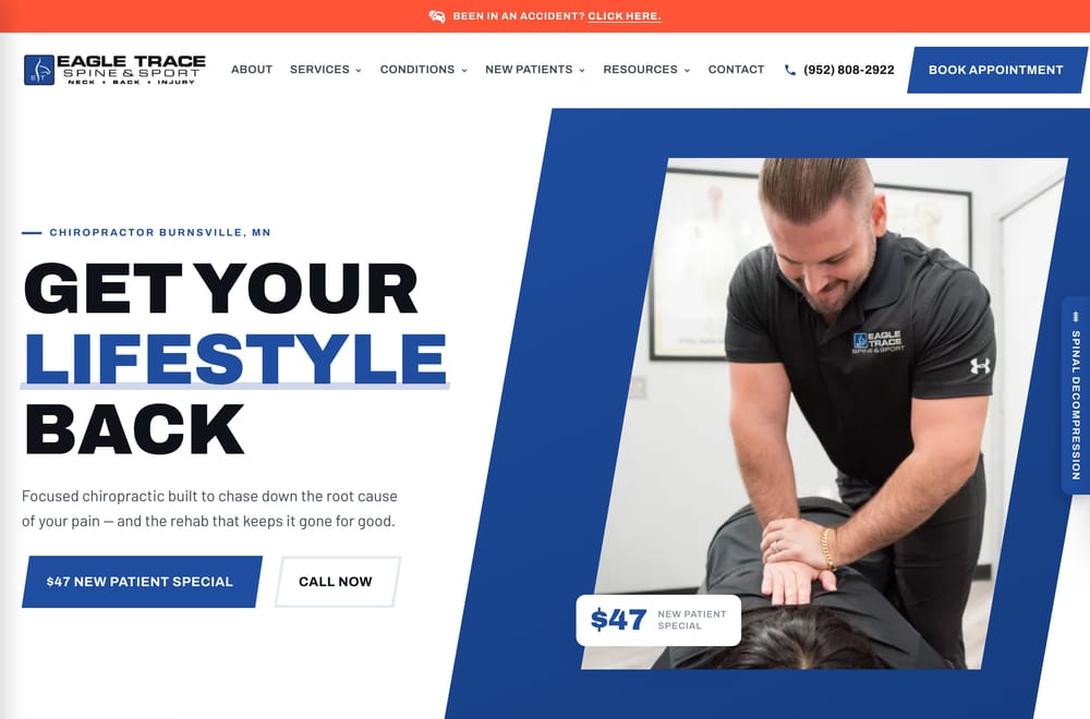 Eagle Trace Spine & Sport homepage with the headline Get Your Lifestyle Back, a photo of Dr. Jeff Plaster adjusting a patient, and a $47 New Patient Special button