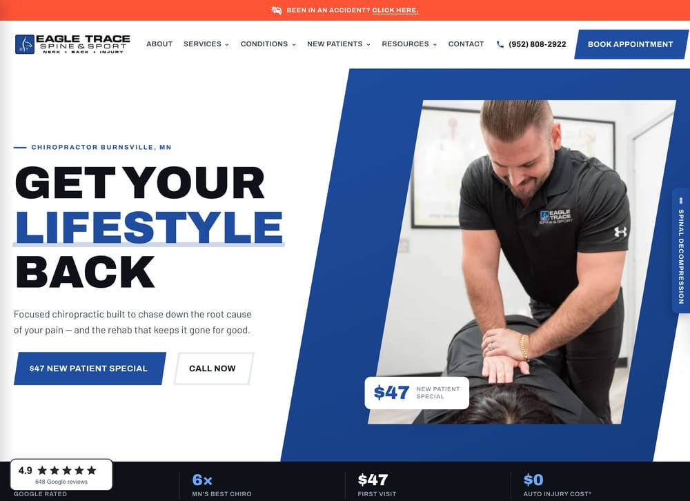 Eagle Trace Spine & Sport chiropractic website screenshot