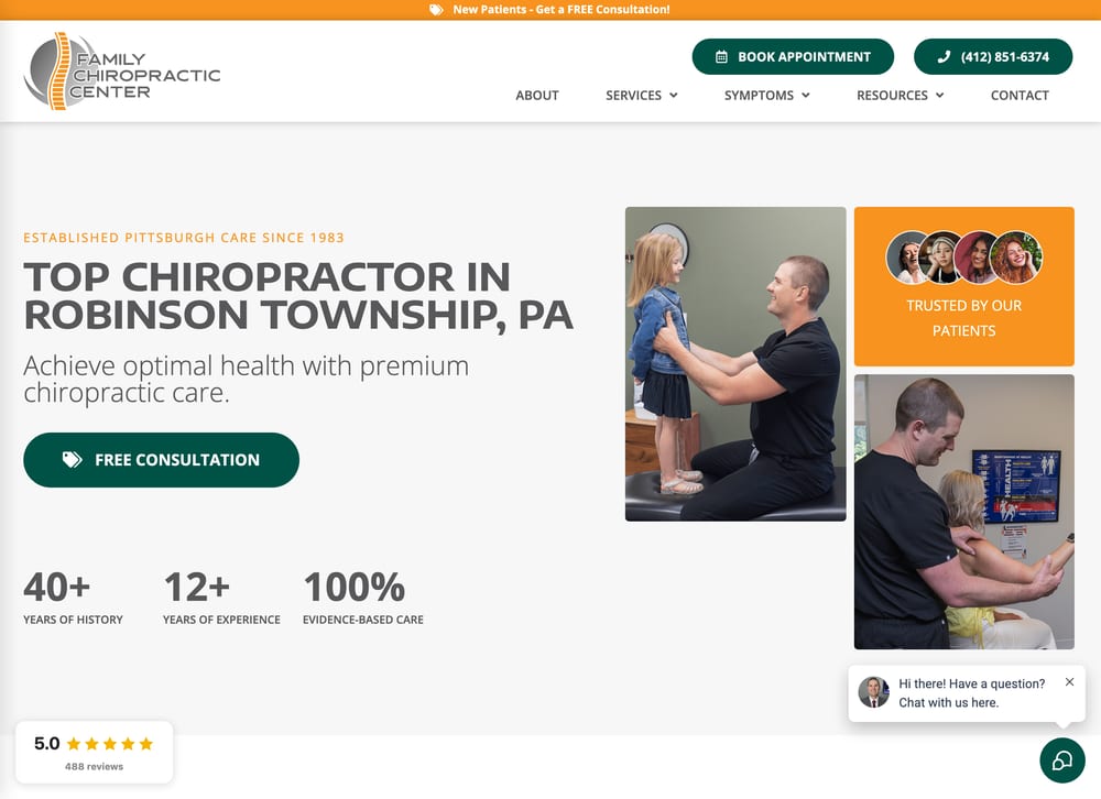 Family Chiropractic Center homepage with Established Pittsburgh Care Since 1983 above the headline, counters for 40+ years of history, 12+ years of experience and 100% evidence-based care, and photos of the doctor with patients