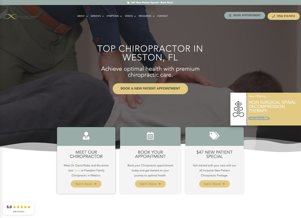 Freedom Family Chiropractic homepage in gold and sage with the headline Top Chiropractor in Weston, FL over video of an adjustment, a Book a New Patient Appointment button, and a Now Offering panel for spinal decompression