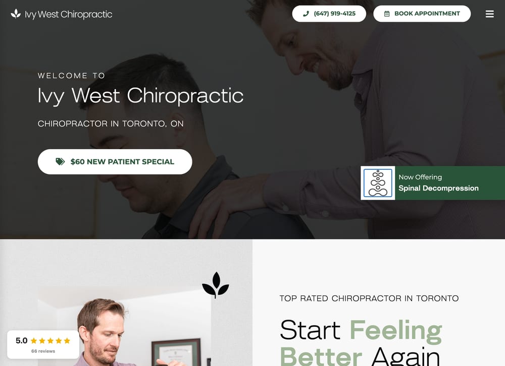 Ivy West Chiropractic homepage with a muted photo of an adjustment, the words Welcome to Ivy West Chiropractic, and a $60 New Patient Special button