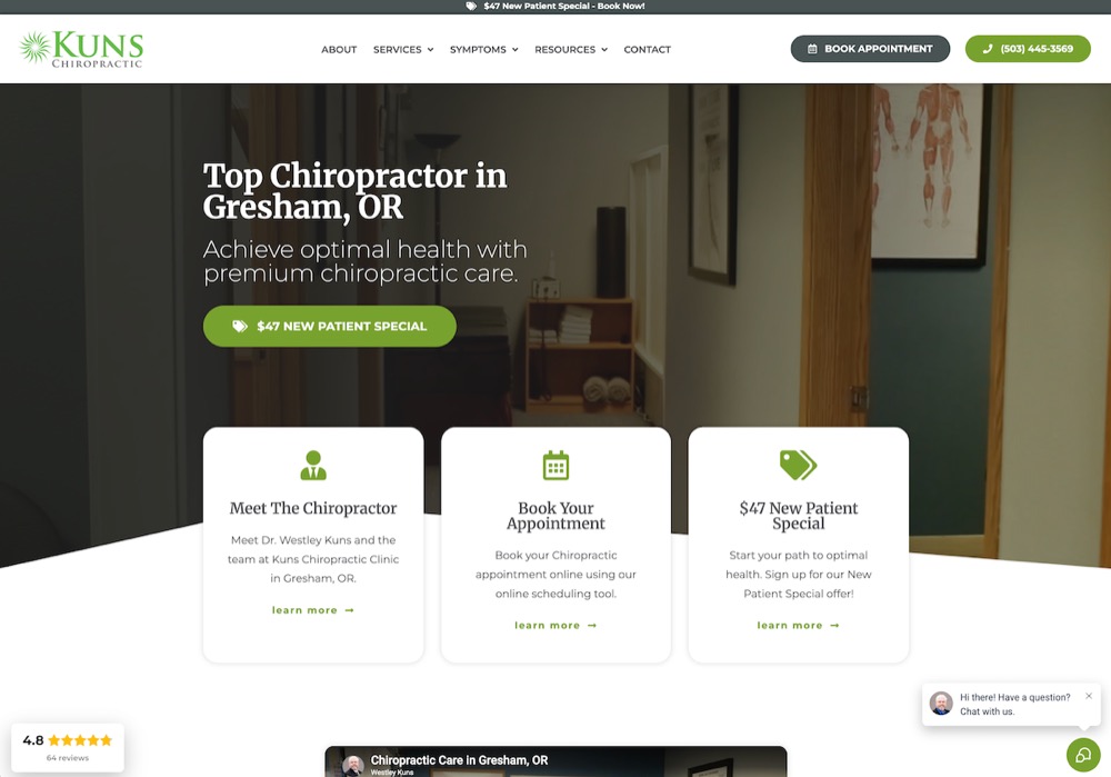 Kuns Chiropractic chiropractic website screenshot