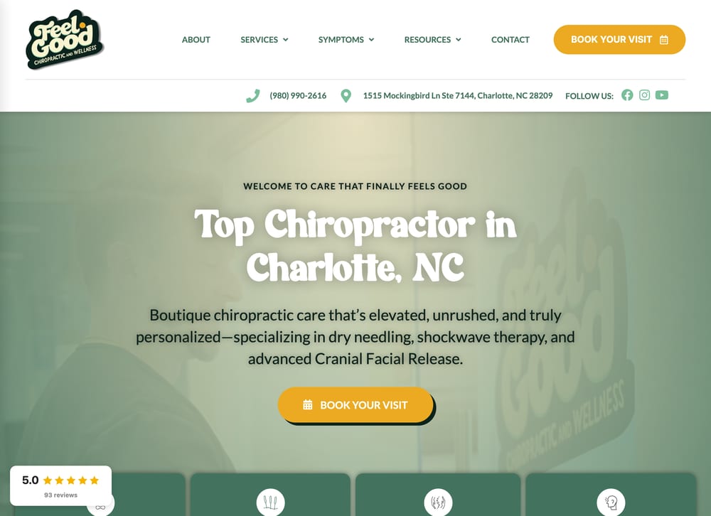 Feel Good Chiropractic and Wellness homepage with a retro script logo, sage green colors and the headline Top Chiropractor in Charlotte, NC above a Book Your Visit button