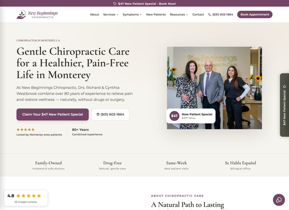 New Beginnings Chiropractic homepage with both doctors photographed in front of the office sign, a $47 New Patient Special card and a trust bar reading Family-Owned, Drug-Free, Same-Week and Se Habla Español