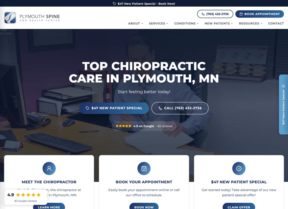 Plymouth Spine & Health Center chiropractic website screenshot