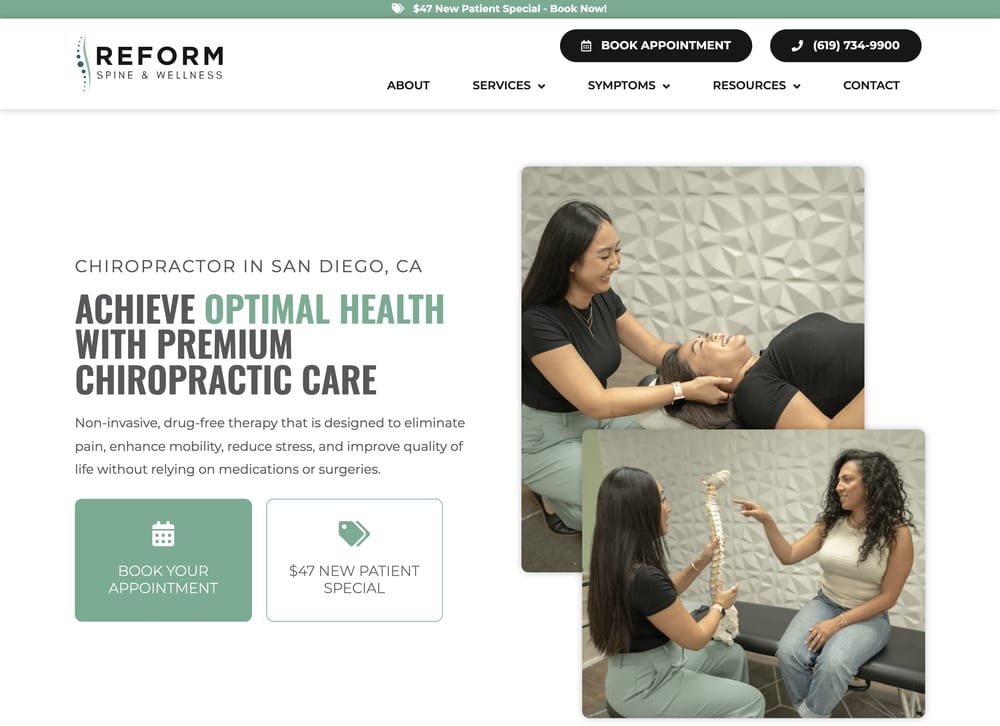 Reform Spine & Wellness chiropractic website screenshot