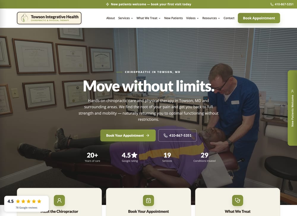 Towson Integrative Health homepage with the headline Move without limits over video of an adjustment, and stats for 20+ years, a 4.5-star Google rating, 19 services and 29 conditions