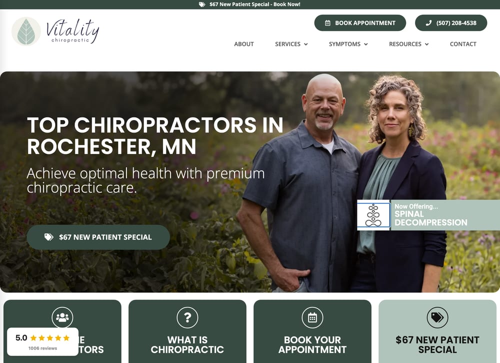 Vitality Chiropractic homepage with an outdoor portrait of the two doctors among wildflowers, the headline Top Chiropractors in Rochester, MN, and a $67 New Patient Special button