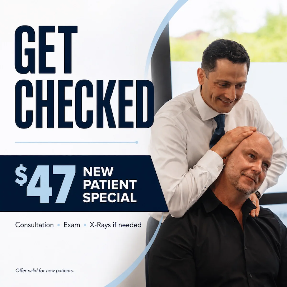 Kingfisher Chiropractic Facebook ad: Get Checked, $47 New Patient Special, consultation, exam and X-rays if needed