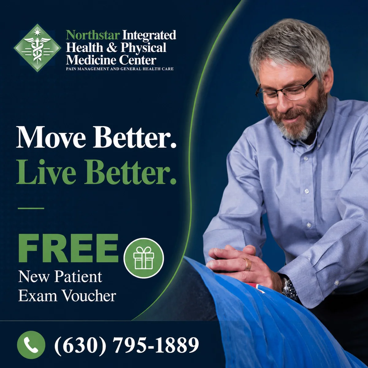 Northstar Integrated Health Facebook ad: Move Better, Live Better, free new patient exam voucher with phone number