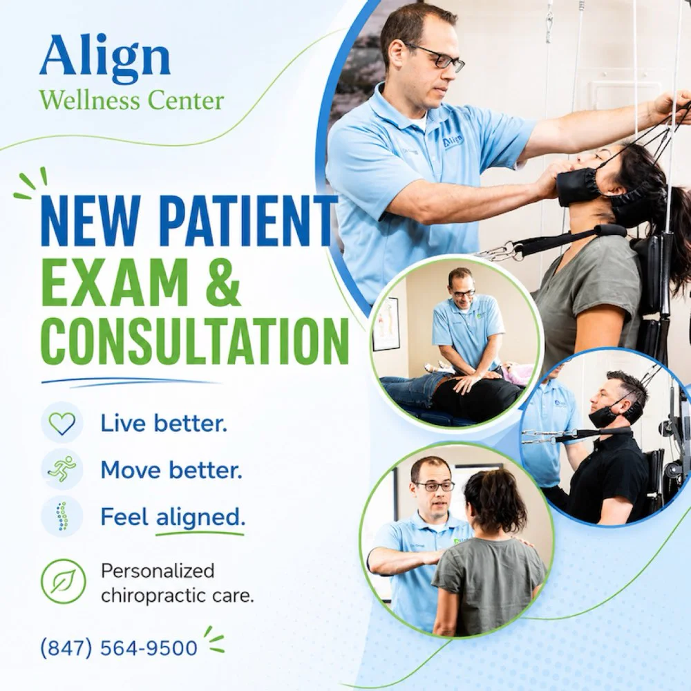 Align Wellness Center Facebook ad: New Patient Exam and Consultation with treatment photos and a phone number