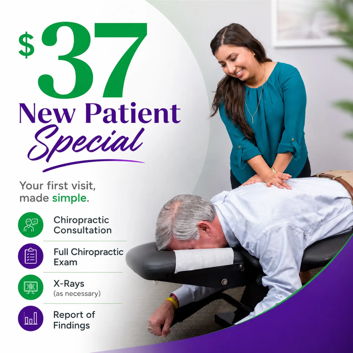Rodgers-Stein Chiropractic Facebook ad: $37 New Patient Special with consultation, full exam, X-rays as necessary and report of findings
