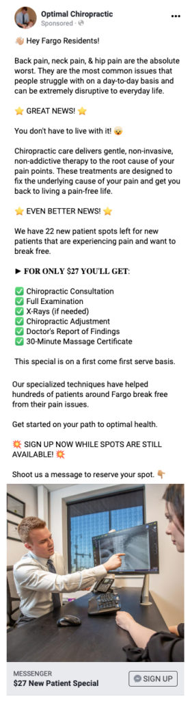 Chiropractor Facebook Ad Example