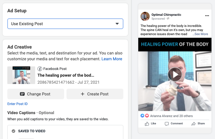 Chiropractor Facebook Ad Example